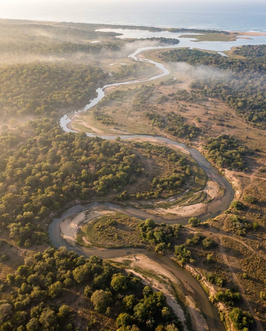 Aerial view over the river and forest