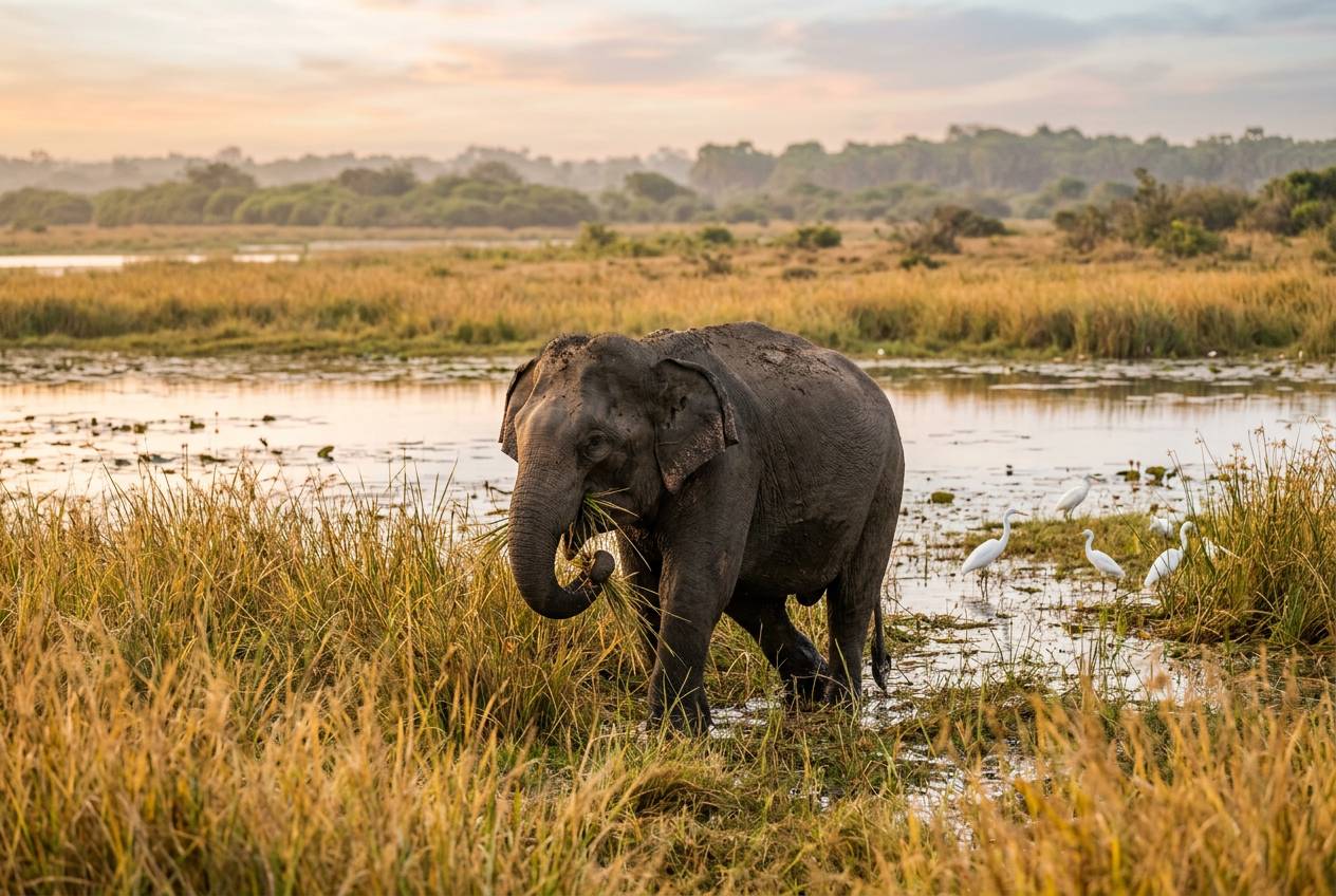An elephant grazing in tall grass by the water