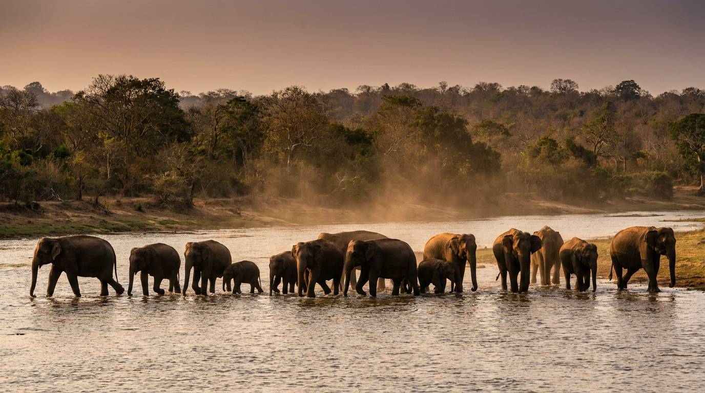 A herd of elephants crossing the shallows