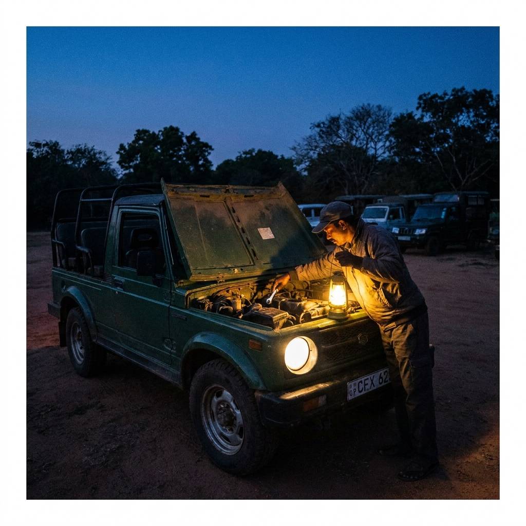 A guide preparing the jeep before dawn