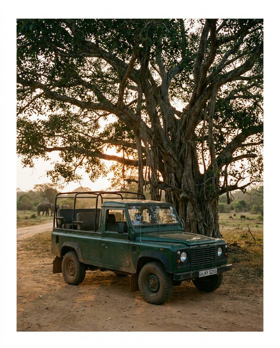 An open safari jeep beneath a large tree at dusk