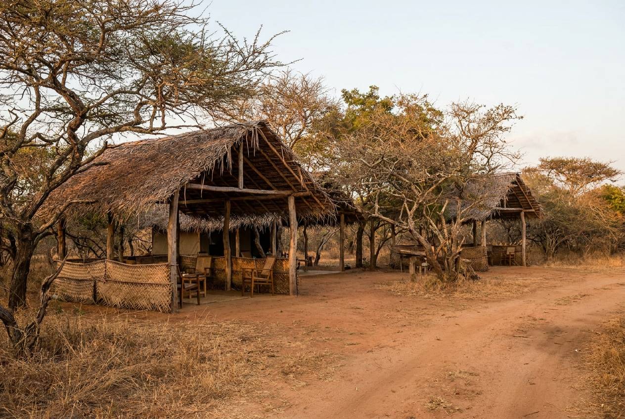 Thatched pavilions among the trees